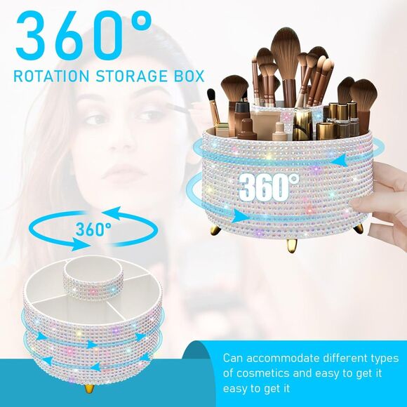 Diesisa 5Slot Makeup Brush Diamond White Cup 360° Rotating Makeup Brush Holder - Picture 3 of 5